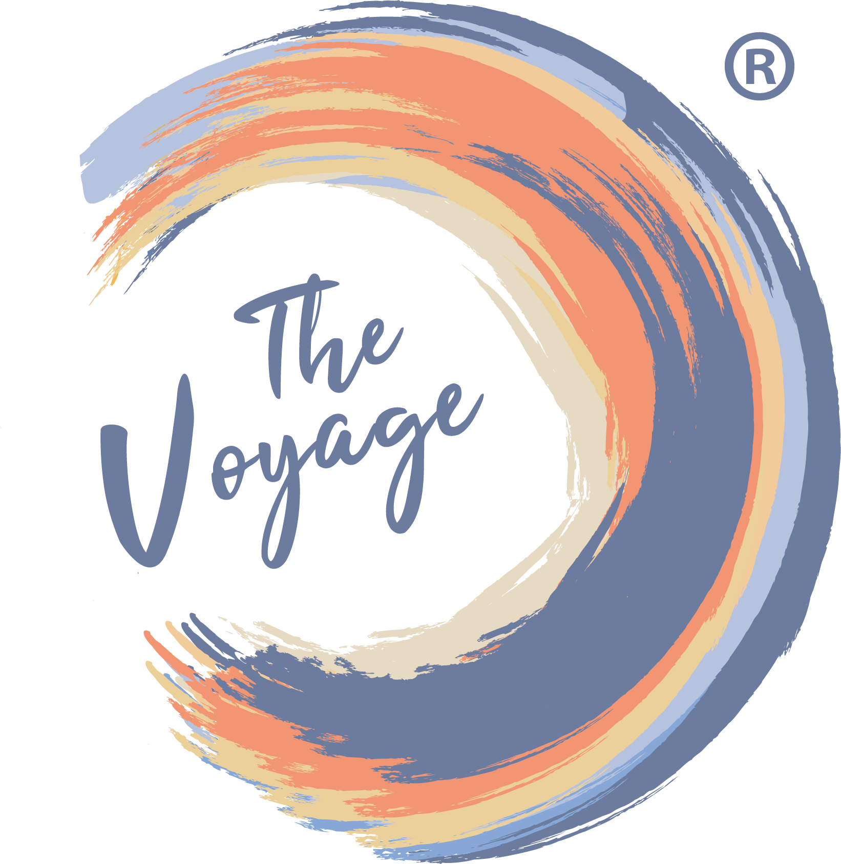 The Voyage logo with colourful brush-stroke circle.