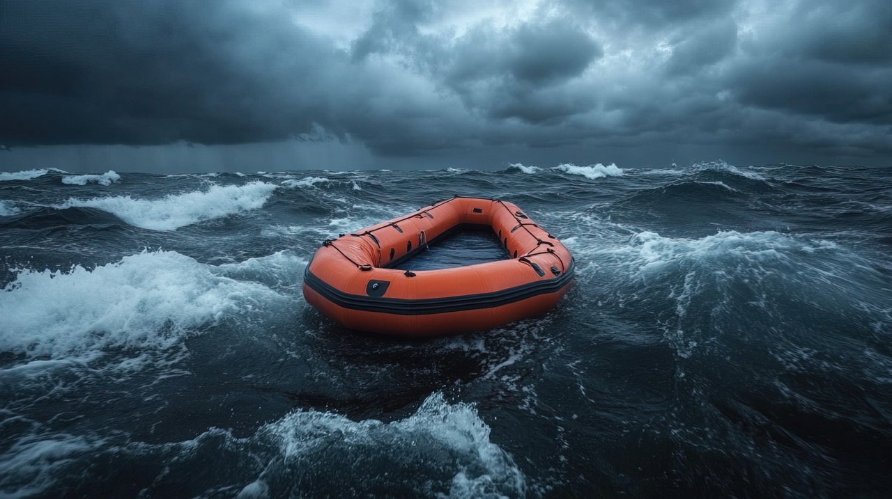 Orange life raft in stormy sea
