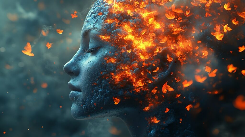 Surreal face with fiery butterflies