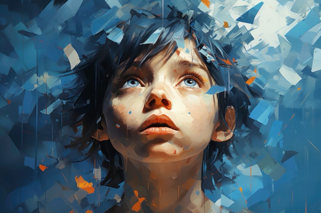 Digital painting of child surrounded by abstract shards.
