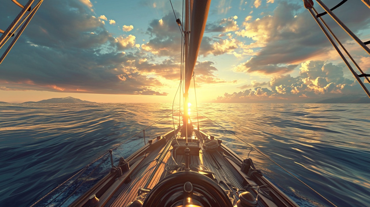 Sailboat at sunset on calm ocean.