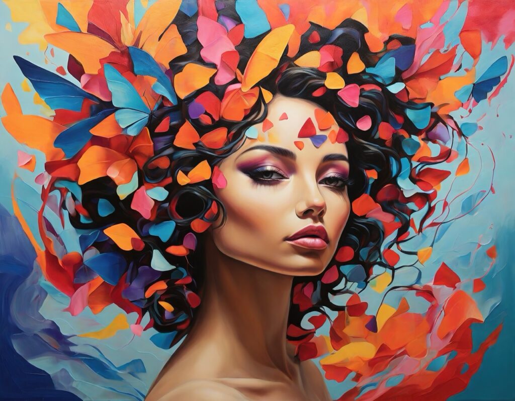 Colourful abstract portrait with butterflies and petals.