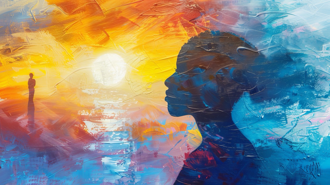 Abstract sunset silhouette painting with vibrant colours.