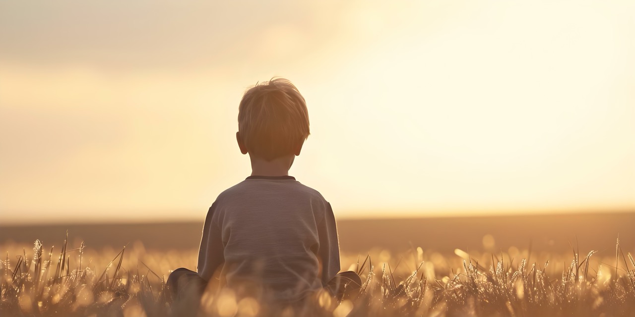 Child sitting in field at sunset, serene atmosphere.