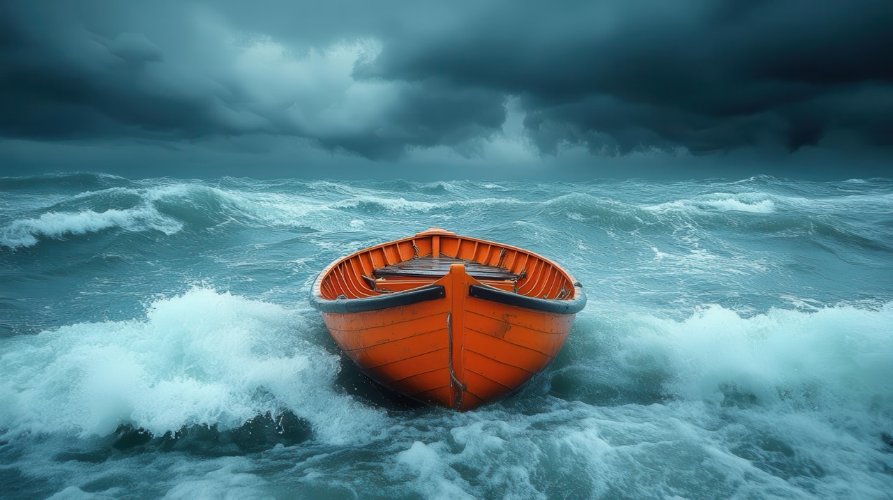 Orange boat in stormy ocean waves.