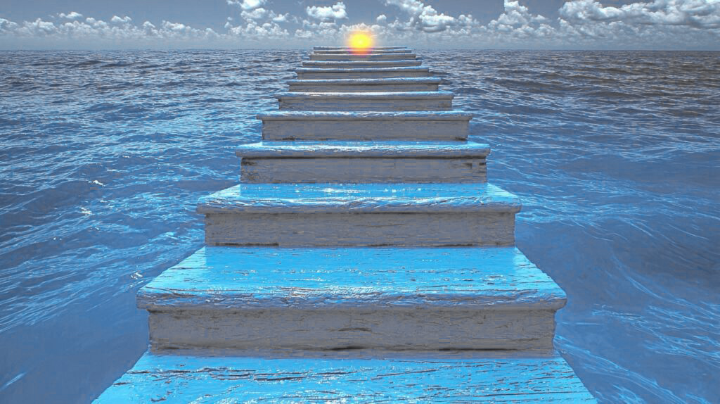 Staircase leading to sunset over the ocean.