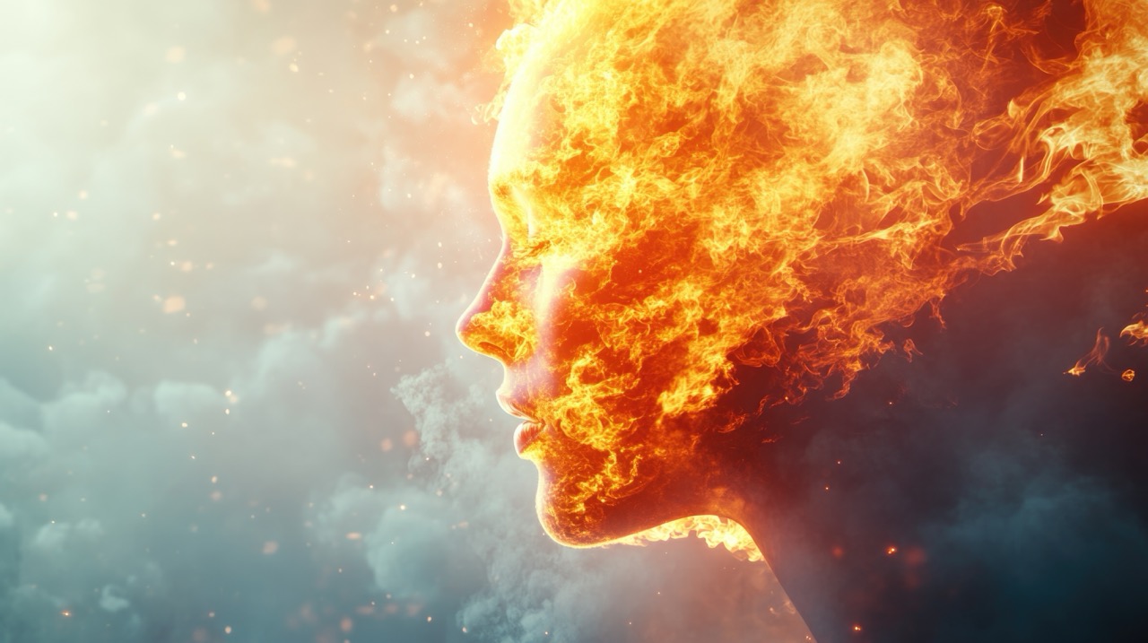Surreal woman with fiery face in clouds.